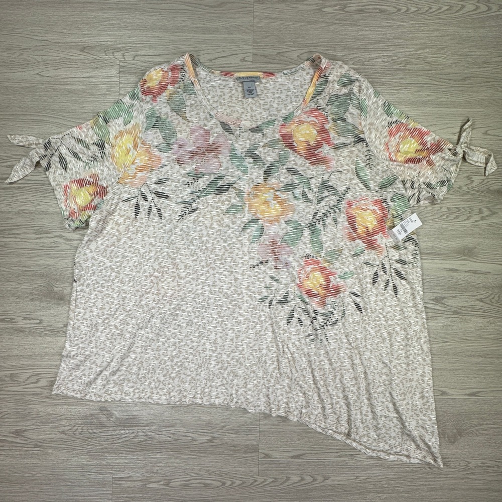 Catherines Women's Knit Top‎ Floral Asymmetrical Hem NWT Beige 3X Tie Sleeve